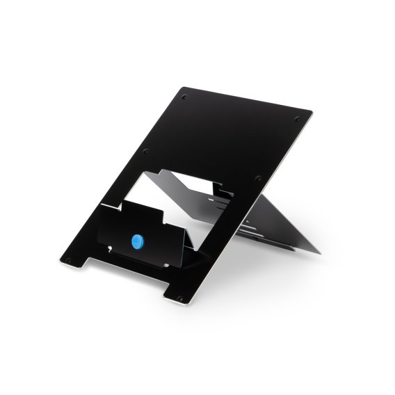 Produktfoto eines ergonomischen Laptopstaender von R-GO aus Aluminium in schwarz von schraeg vorne